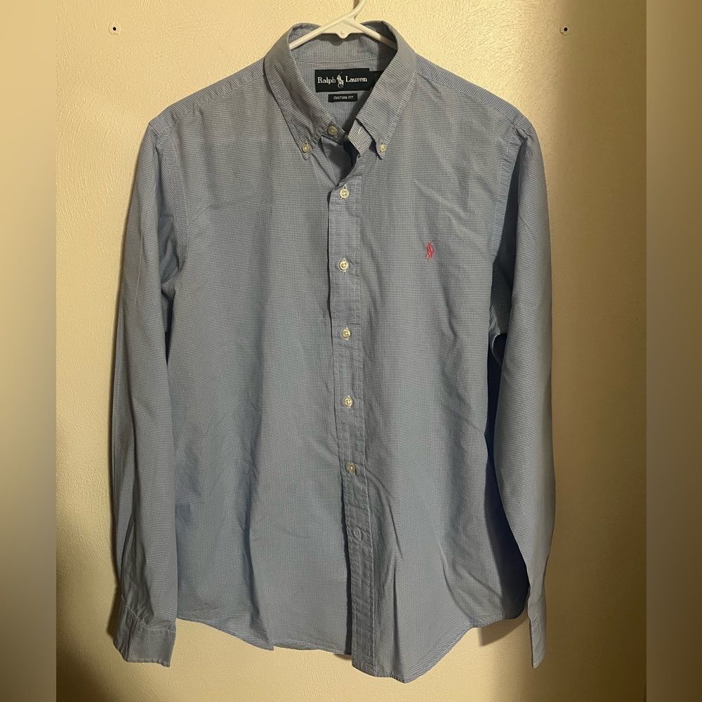 RALPH LAUREN‎ Custom Fit Classic Button Down Dress Shirt Blue White Men's Size L